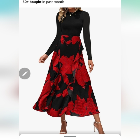 Floral Maxi Dress Casual Crewneck Long Sleeve Ruffle Flowy Dress - Picture 2 of 4